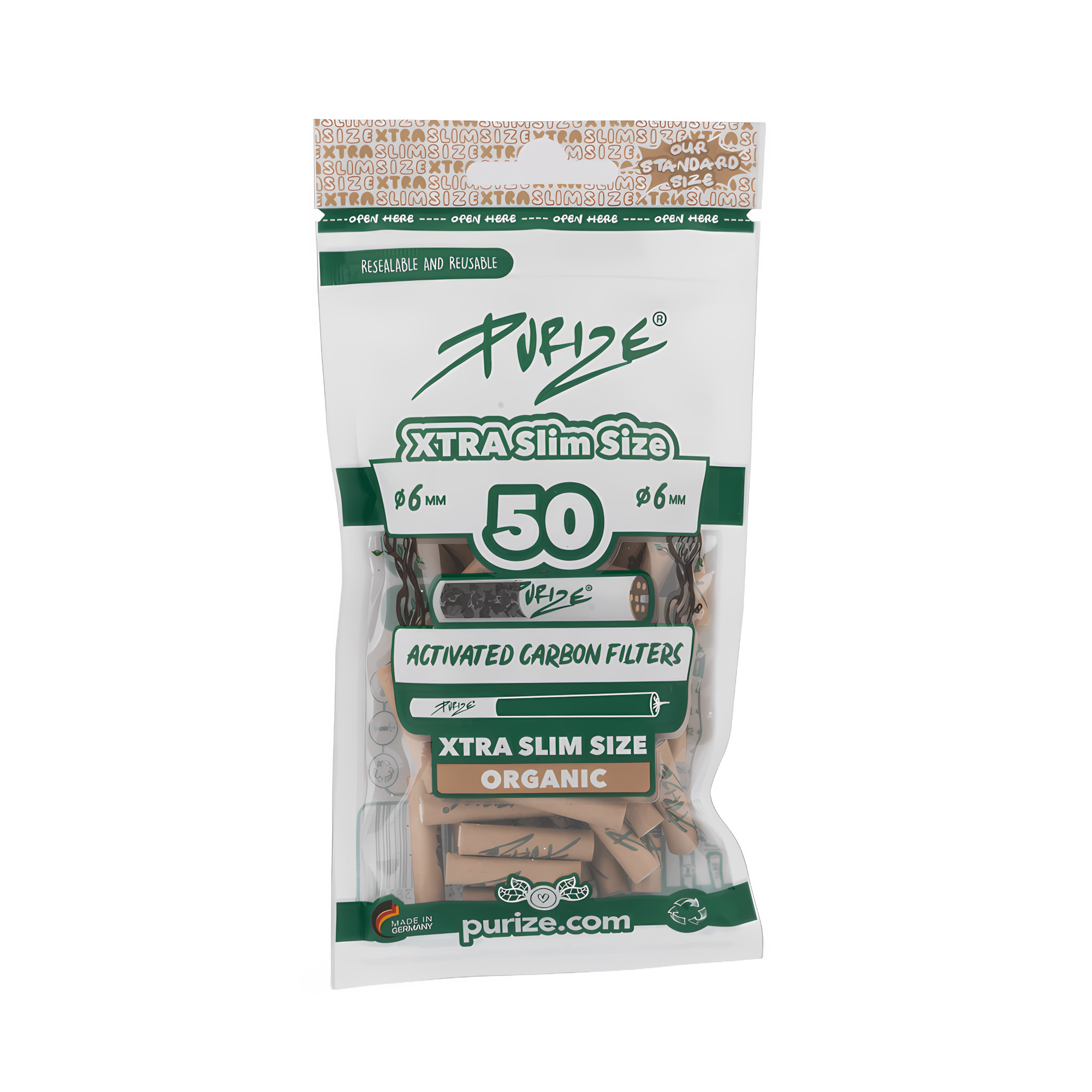 AKTIV-KOHLE-FILTER-PURIZE-50-XTRA-SLIM-EXTRA-MADE-IN-GERMANY-WEISS-ORGANIC-FLIEDER-GREEN