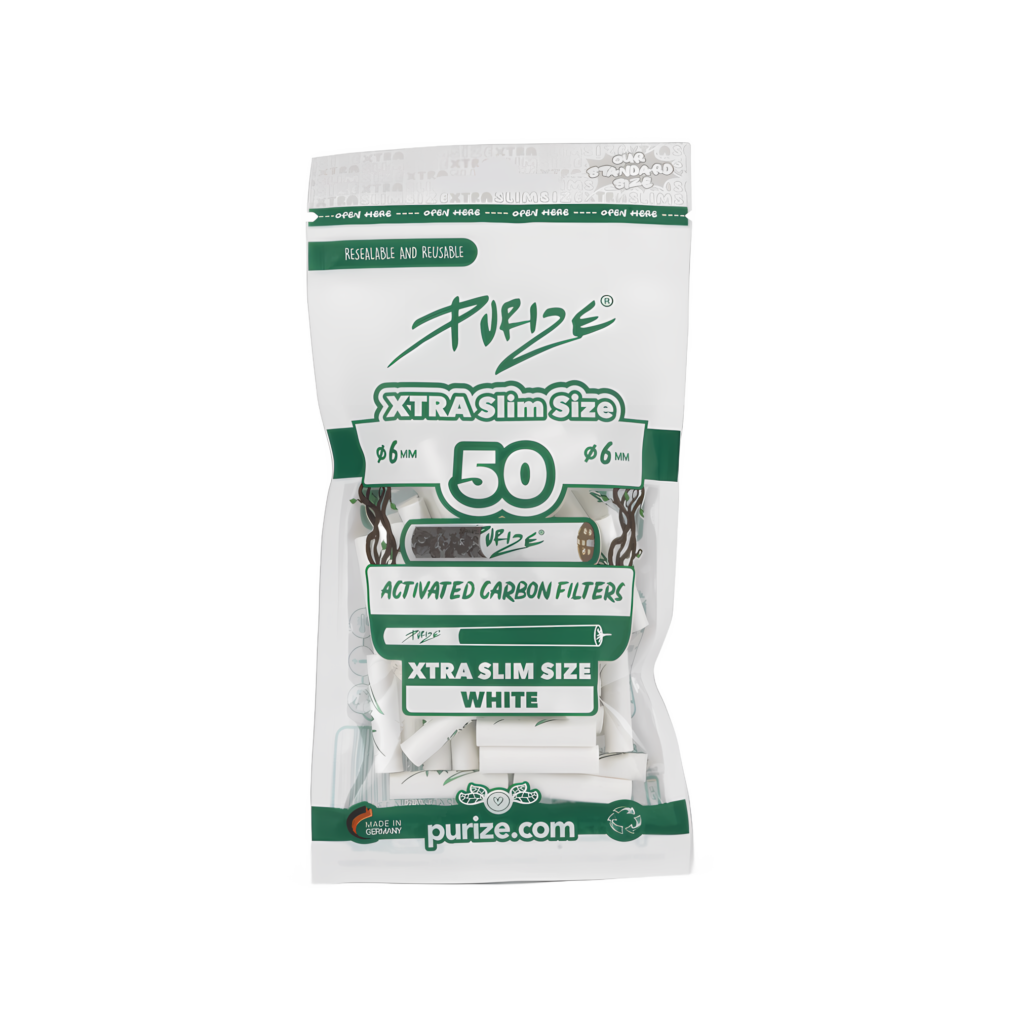 AKTIV-KOHLE-FILTER-PURIZE-50-XTRA-SLIM-EXTRA-MADE-IN-GERMANY-WEISS-ORGANIC-FLIEDER-GREEN