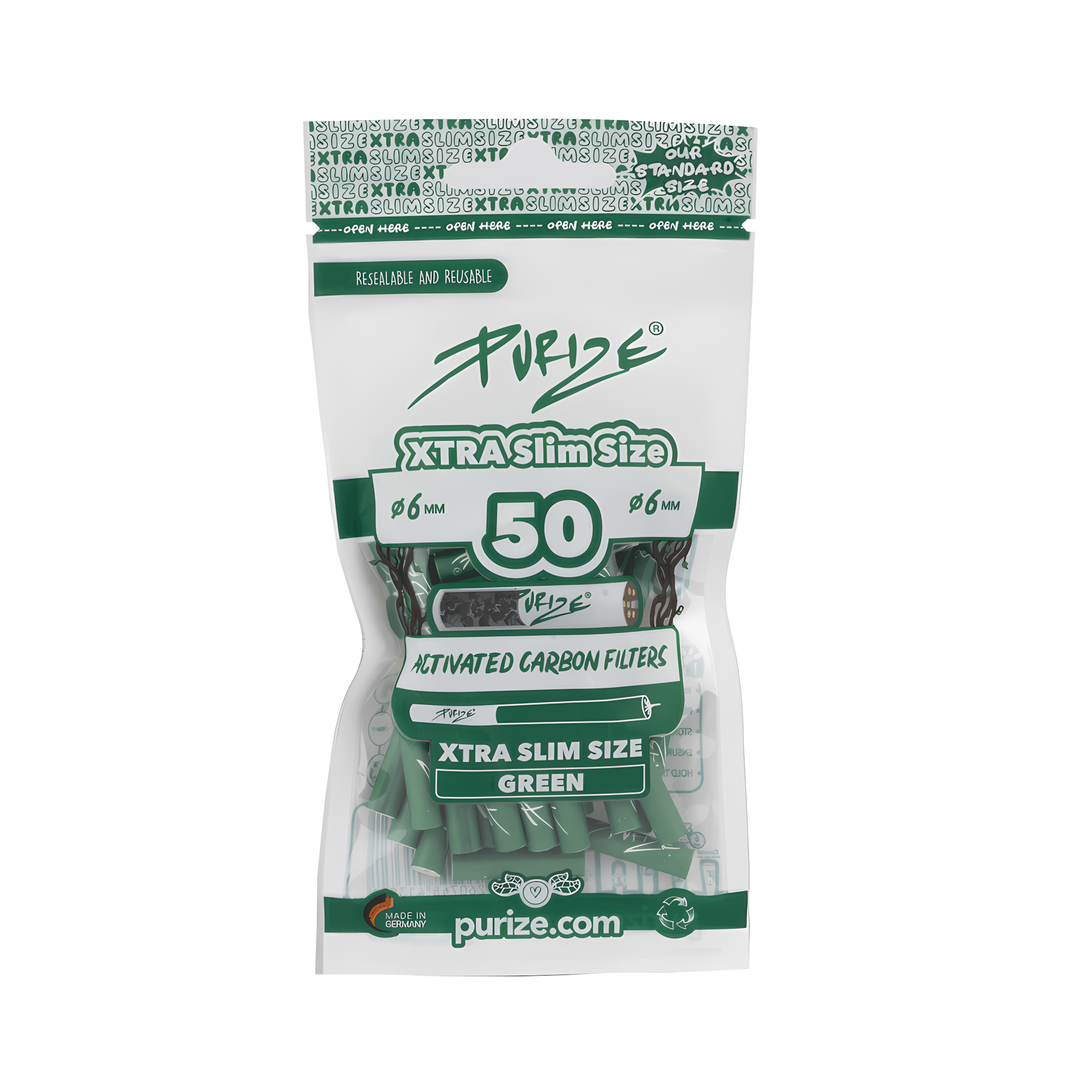 AKTIV-KOHLE-FILTER-PURIZE-50-XTRA-SLIM-EXTRA-MADE-IN-GERMANY-WEISS-ORGANIC-FLIEDER-GREEN